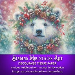 Papel De Seda Oso Polar de Navidad con Decoupage de Acebo y Pino