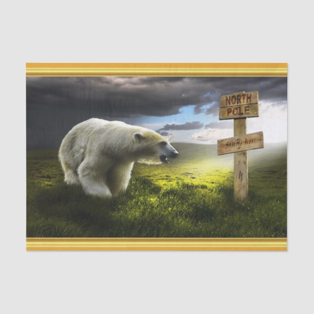 Papel De Seda Oso polar mirando el cartel de madera del polo nor (Anverso)