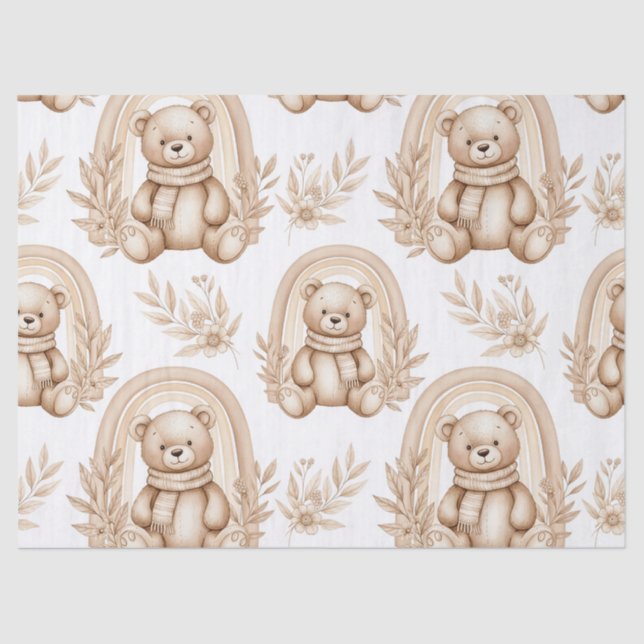 Papel De Seda Oso Teddy Boho Arcoíris Floral Neutral (Anverso)