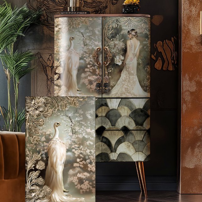 Papel De Seda Ostrich blanco etéreo arte deco ornamental floral (White Ostrich, Ethereal Floral, Nouveau, 1920's Vintage, Decoupage Tissue Paper.)