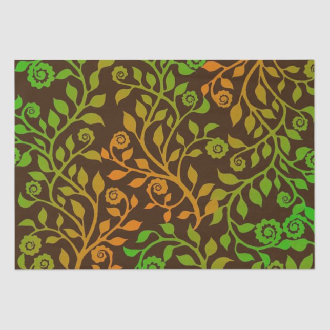 Papel De Seda Otoño Swirls Brown Green Naranja Patrón Floral (Anverso)