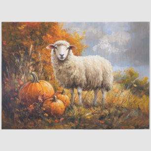 Papel De Seda Ovejas en Campo de Otoño con Decoupage de Calabaza