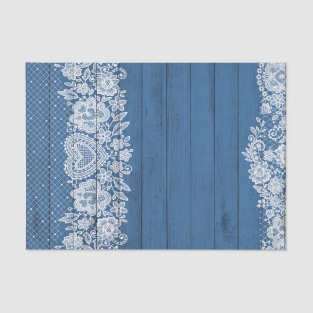 Papel De Seda Óxido Azul Madera Rústica & Encaje Blanco Elegante (Anverso)