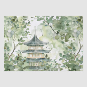 Papel De Seda Pagoda asiática acuarela en paisaje verde (13)