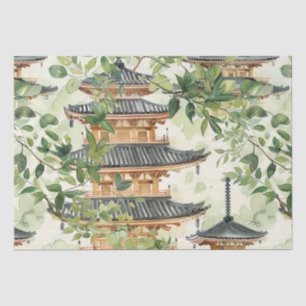 Papel De Seda Pagoda asiática acuarela en paisaje verde (16)
