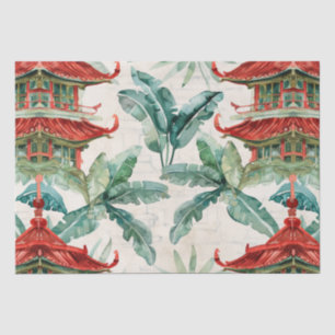 Papel De Seda Pagoda asiática acuarela en paisaje verde (2)