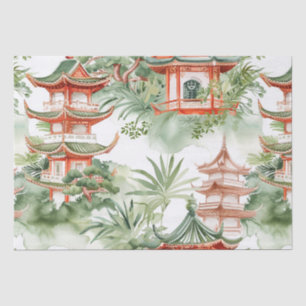 Papel De Seda Pagoda asiática acuarela en paisaje verde (3)