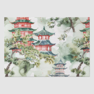 Papel De Seda Pagoda asiática acuarela en paisaje verde (4)