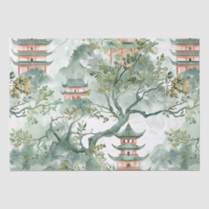 Papel De Seda Pagoda asiática acuarela en paisaje verde (5)