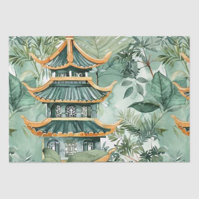 Papel De Seda Pagoda asiática acuarela en paisaje verde (6) (Anverso)