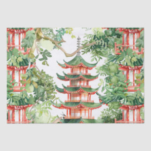 Papel De Seda Pagoda asiática acuarela en paisaje verde (9)