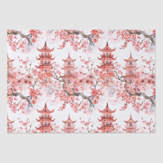 Papel De Seda Pagoda china acuarela con flores de cerezo (3) (Anverso)