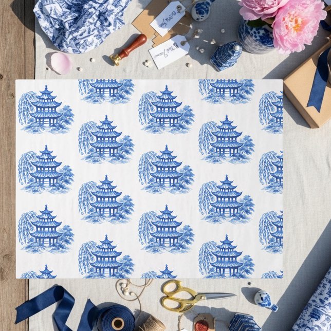 Papel De Seda Pagoda Chinoiserie Blue Willow (Chinoiserie Blue Willow Pagoda Tissue Paper)