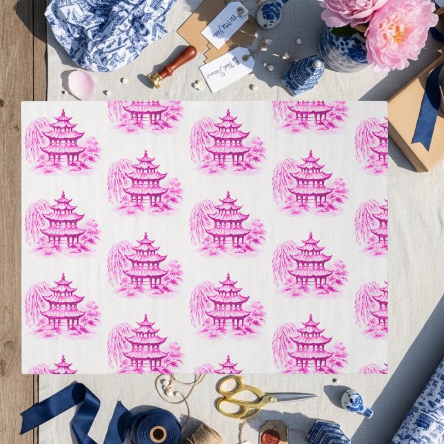 Papel De Seda Pagoda de sauce de sauce Chinoiserie rosa (Chinoiserie Pink Willow Pagoda Tissue Paper)