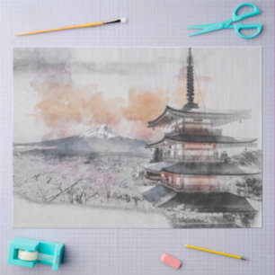 Papel De Seda Pagoda Japonesa y Fuji en Acuarela