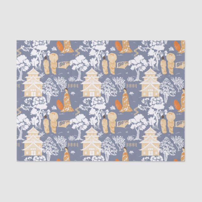 Papel De Seda Pagodas Chinoiserie azul (Anverso)