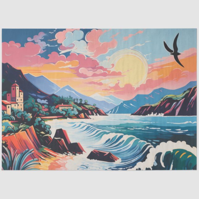 Papel De Seda Paisaje Ciudad Vieja, Montañas, Mar (Anverso)