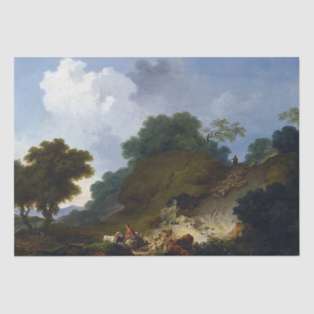 Papel De Seda Paisaje con los pastores por Fragonard (Anverso)