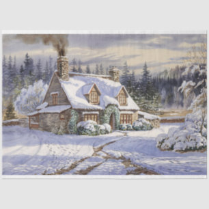 Papel De Seda Paisaje de cabaña acogedora invierno acuarela deco