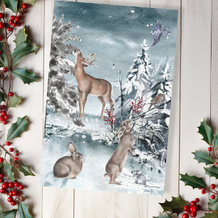 Papel De Seda Paisaje de invierno con ciervos y conejos Aquarela