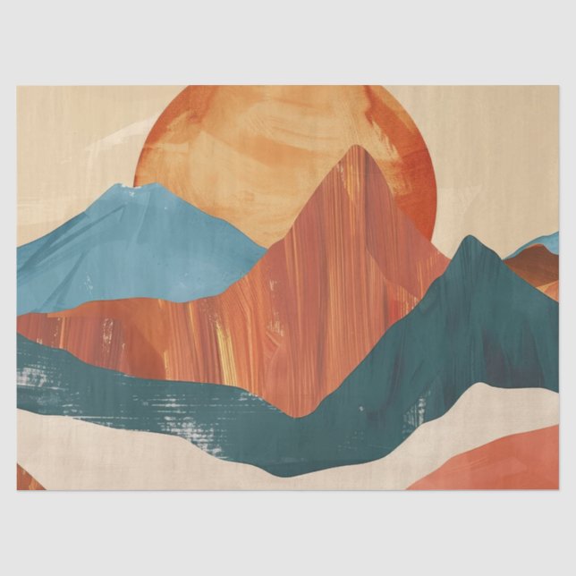 Papel De Seda Paisaje de montaña abstracto boho con sol (Anverso)