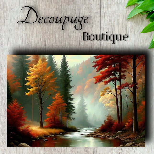Papel De Seda Paisaje de río con brillo de bosque otoñal decoupa (Autumn Forest Glow - Dramatic Fall River Decoupage Tissue Paper)