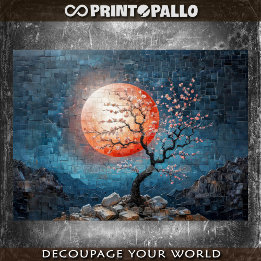 Papel De Seda Paisaje en mosaico con sol rojo y un cerezo
