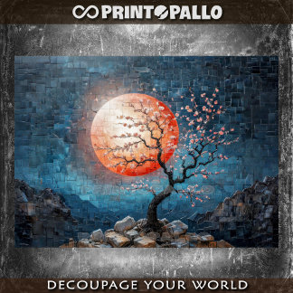 Papel De Seda Paisaje en mosaico con sol rojo y un cerezo