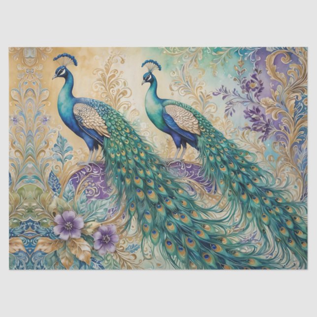 Papel De Seda Paisaje floral de pavo real (Anverso)