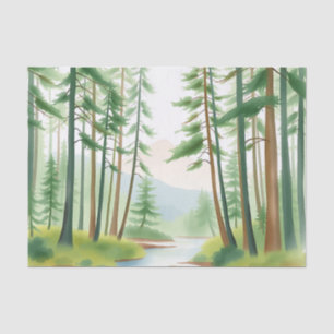 Papel De Seda Paisaje forestal sereno en acuarela