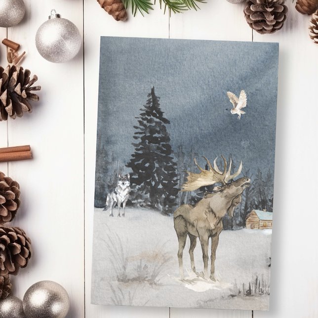 Papel De Seda Paisaje invernal acuarela Wolf Moose Scene (Subido por el creador)