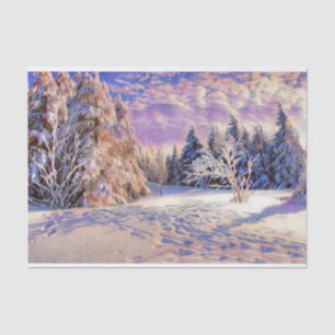 Papel De Seda Paisaje invernal con árboles nevados acuarela