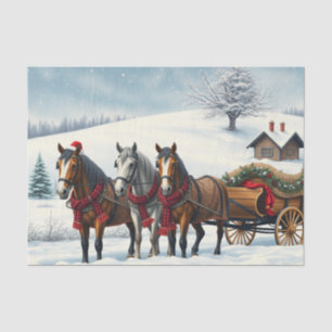 Papel De Seda Paisaje invernal con caballos y cabinas