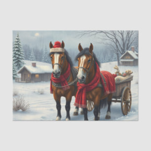 Papel De Seda Paisaje invernal con caballos y cabinas