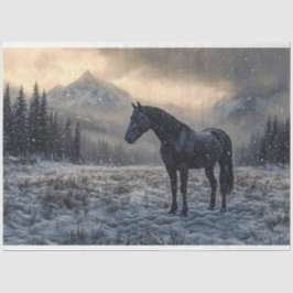 Papel De Seda Paisaje nevado con caballo negro decoupage escénic