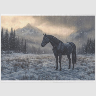 Papel De Seda Paisaje nevado con caballo negro decoupage escénic