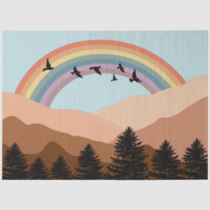 Papel De Seda Paisaje Resumen Árboles forestales Arcoiris y Aves