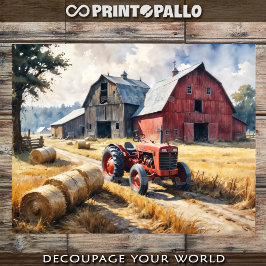 Papel De Seda Paisaje rural campestre con granero y tractor