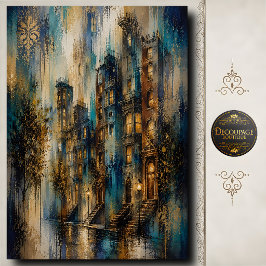 Papel De Seda Paisaje urbano de Brownstone Decoupage Noche Lluvi