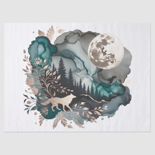 Papel De Seda Paisaje Wolf y oro Verde azulado Moon (Anverso)