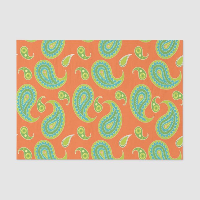 Papel De Seda Paisley azulverde en el naranja brillante (Anverso)