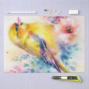 Papel De Seda Pájaro acuarela floral de pinzón amarillo