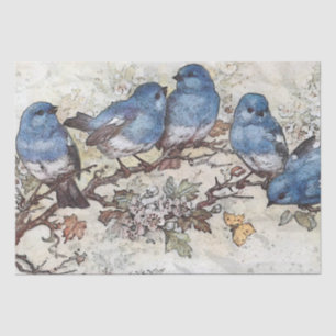 Papel De Seda Pájaro azul en rama Mariposa Decoupage Vintage   