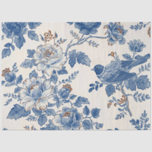 Papel De Seda Pájaro Azul Flores Blancas Crema Decoupage