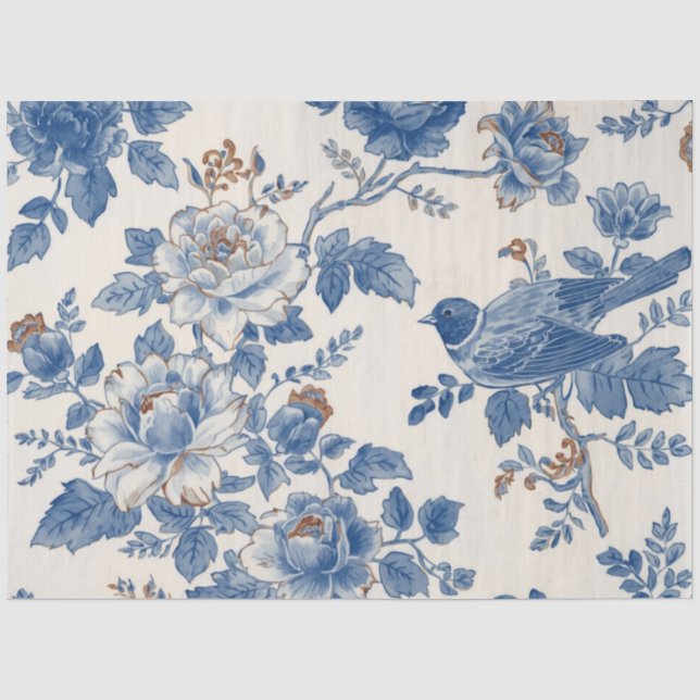 Papel De Seda Pájaro Azul Flores Blancas Crema Decoupage (Anverso)