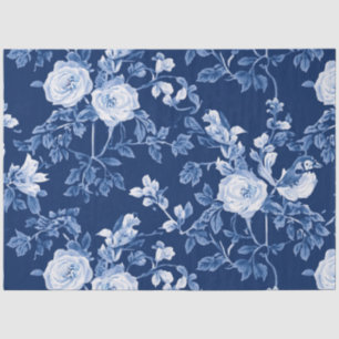 Papel De Seda Pájaro Azul Flores Blancas Decoupage Crema