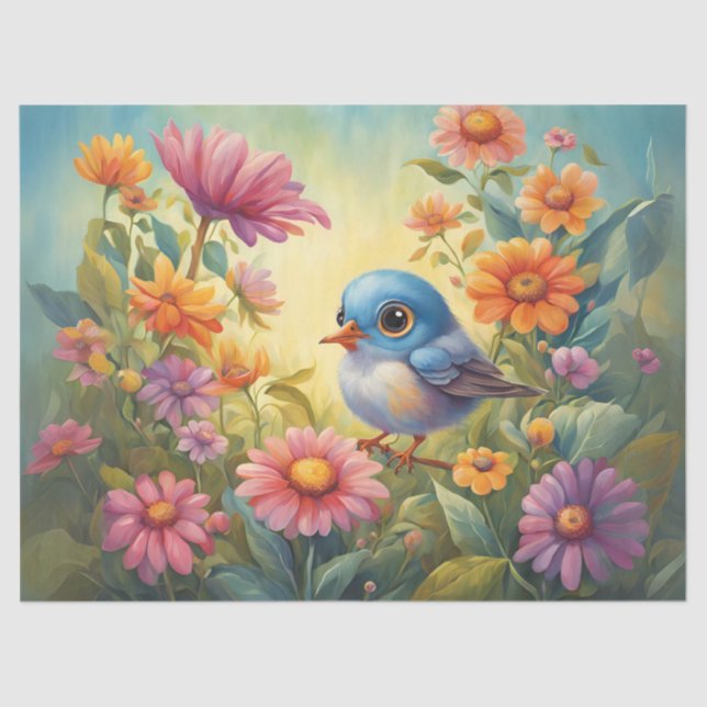 Papel De Seda Pájaro bebé de ojos grandes en el jardín (Anverso)