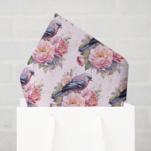 Papel De Seda Pájaro Cantando sobre el Patrón de Peonías Rosadas