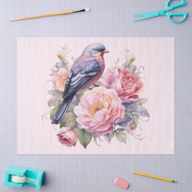 Papel De Seda Pájaro Cantando sobre Peonías Rosadas (Artesanía)