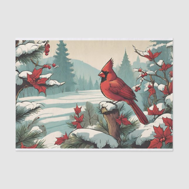 Papel De Seda Pájaro cardenal rojo y berries silvestres rojas (Anverso)